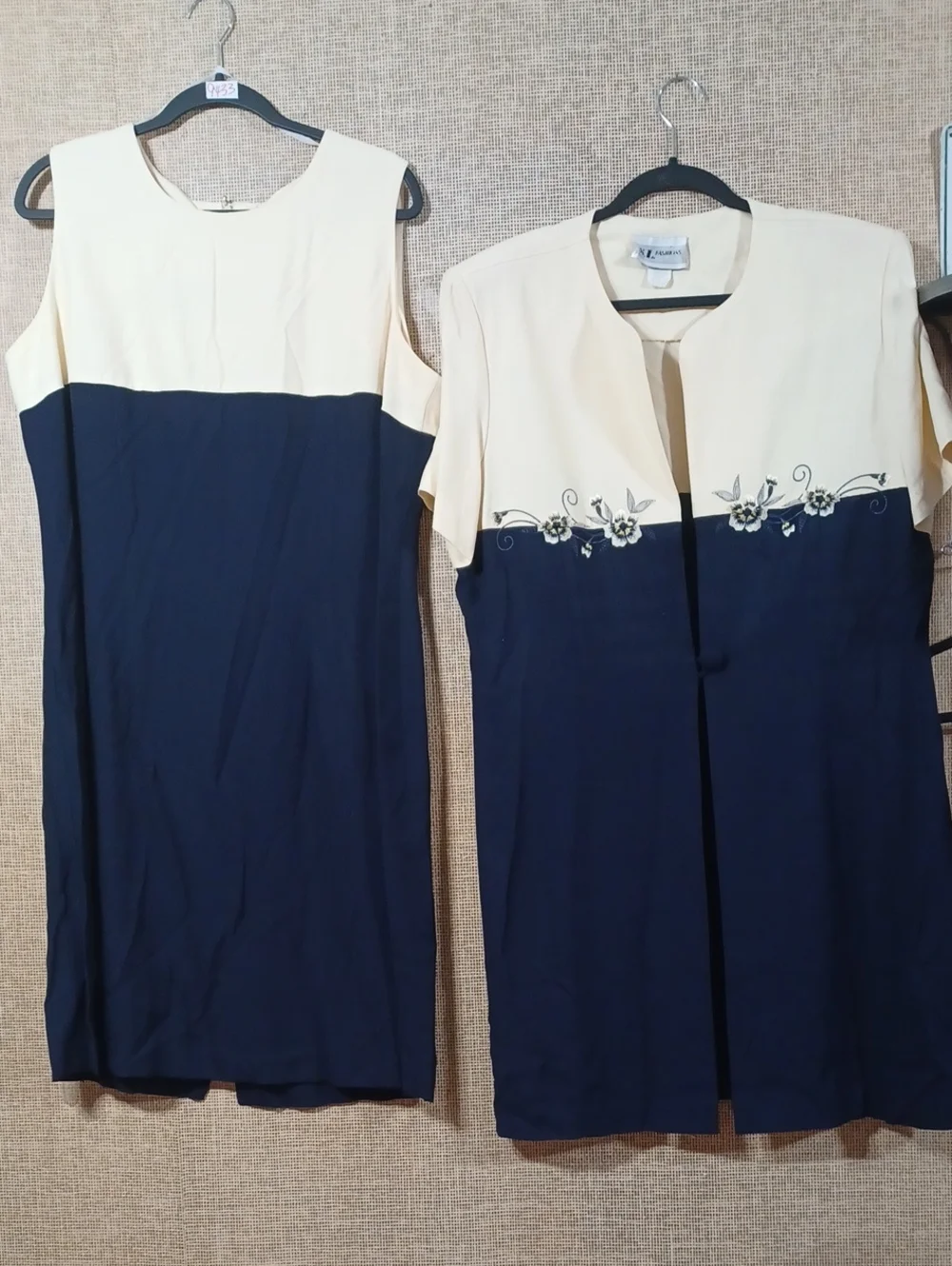 S.L. Fashions Navy and Cream Two-Piece Midi Dress Set